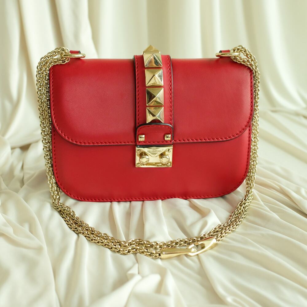 Valentino Garavani Glam Lock Small Bag - Red Leather, Gold Chain